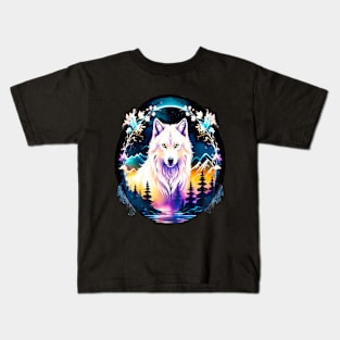 A White Wolf with Mountains, Floral Elements, Forests, Trees Kids T-Shirt